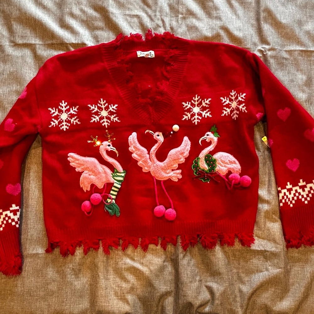 Charming Flamingo Red V-Neck Sweater (Christmas, Holiday ugly sweater)